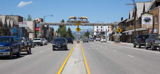 Iconic elk antler arch over a street in Afton, Lincoln County, Wyoming.